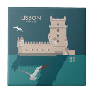 Lisbon Tower of Belem in vintage poster style Tile