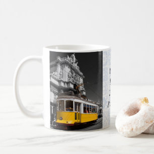 Lisbon Yellow Tram. Augusta Street Arch B/W Photo Coffee Mug