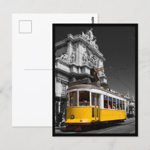 Lisbon Yellow Tram. Augusta Street Arch B/W Photo Postcard
