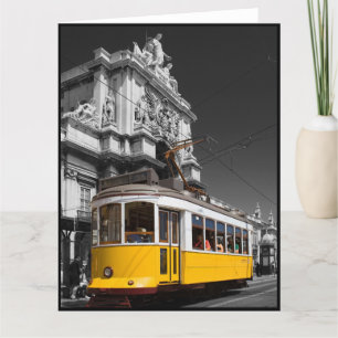 Lisbon Yellow Tram. Augusta Street Arch B/W Photo Thank You Card