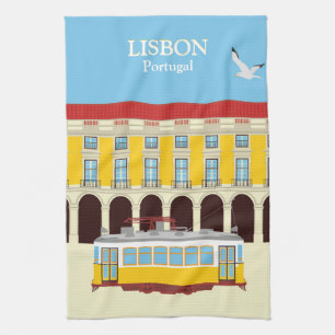 Lisbon yellow tram vintage style kitchen towel