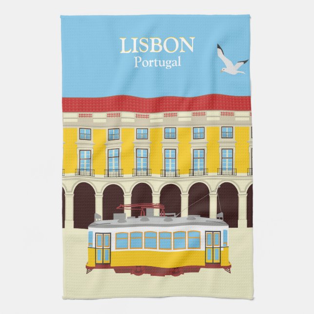 Lisbon yellow tram vintage style kitchen towel (Vertical)