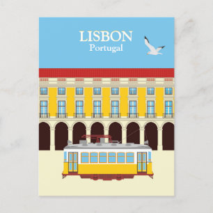 Lisbon yellow tram vintage style postcard