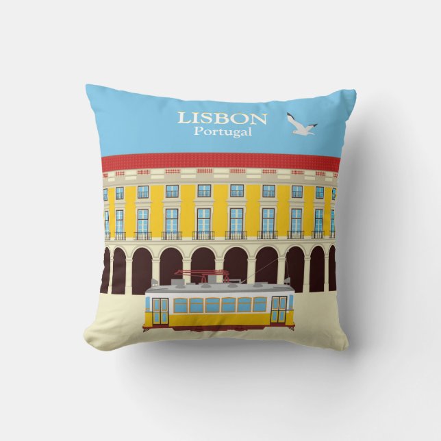 Lisbon yellow tram vintage style throw pillow (Front)