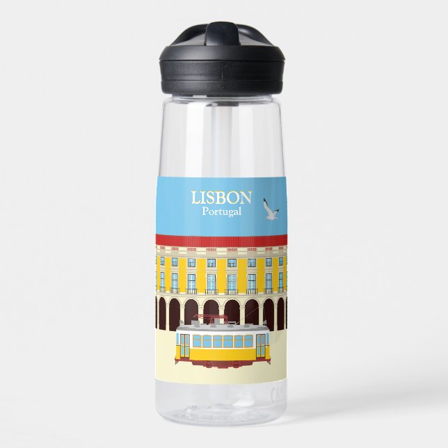 Lisbon yellow tram vintage style water bottle (Front)