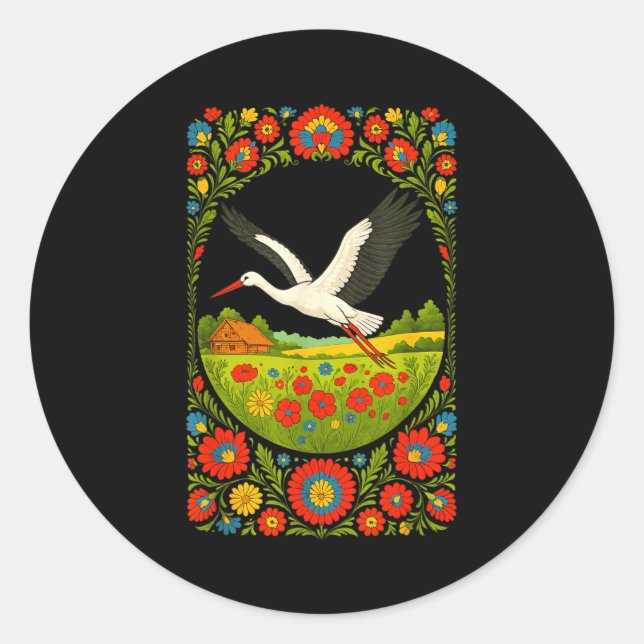 Lish Stork Folk Art Lska Countryside Design  Classic Round Sticker (Front)
