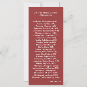 List of 50 States Rack Card