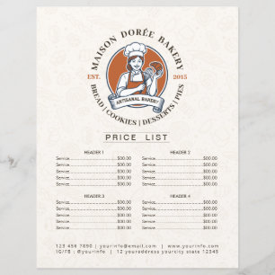Liste de prix de menu de pâtissier de magasin de b