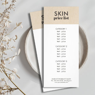 Liste de prix de soins de peau minimaliste en faux