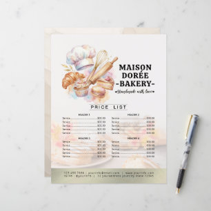 Liste de prix du menu du chef pâtissier de la boul