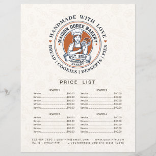 Liste de prix du menu du pâtissier de la boulanger