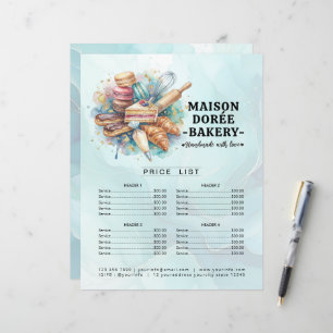 Liste de prix du menu du pâtissier de la boulanger