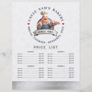 Liste de prix du menu du pâtissier de la boulanger