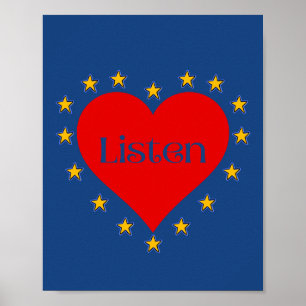 Listen Poster Wall Art in Blue with Hearts & Stars