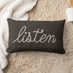 LISTEN Rope Text On Dark Wood Lumbar Pillow