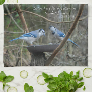 Listening Blue Jays with verse from Isaiah Kitchen Towel