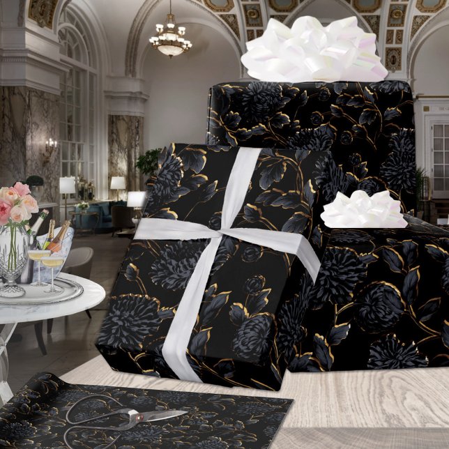 Lit By Golden Moonlight 2 Black Floral Toile Wrapping Paper (Creator Uploaded)