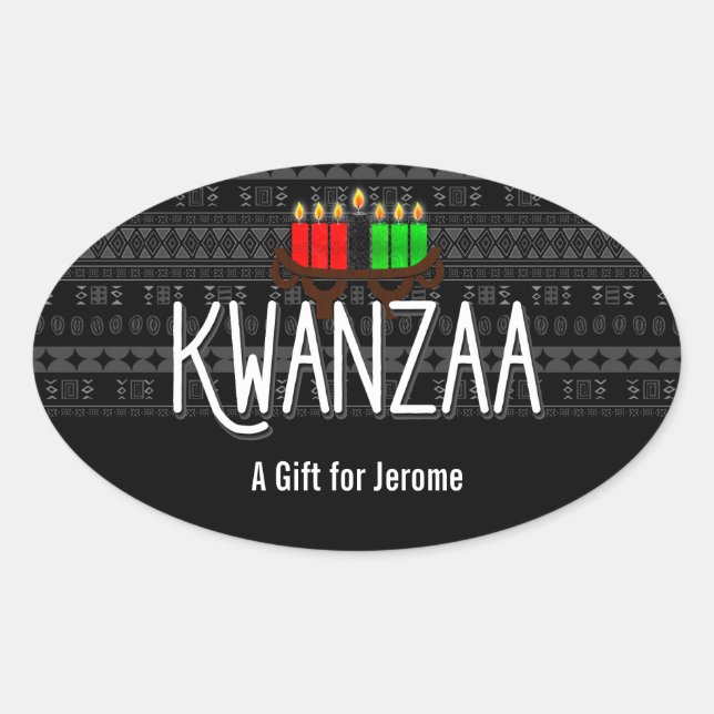 Lit Candles on Kinara with Kwanzaa and Custom Name Oval Sticker (Front)