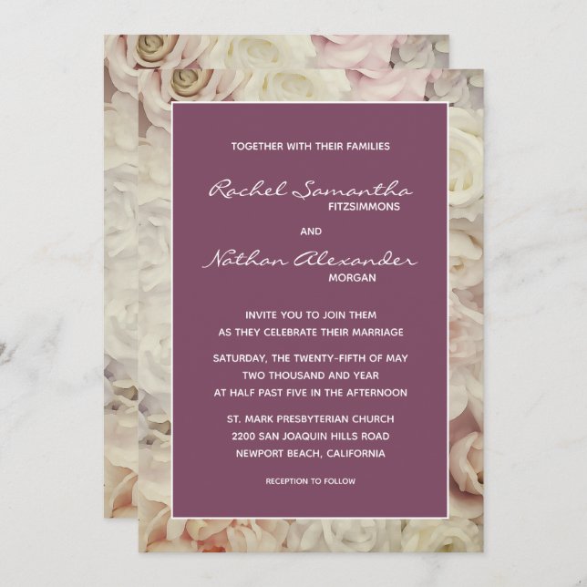 Lit de Roses & Amaranth Pink Wedding Invitations (Devant / Derrière)