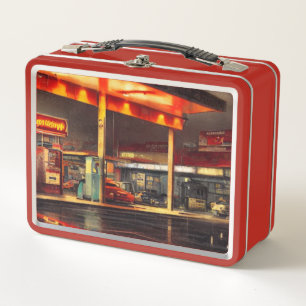 Lit Up Gas Station 1950s Metal Lunch Box