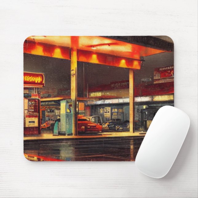Lit Up Gas Station 1950s Mouse Pad (With Mouse)