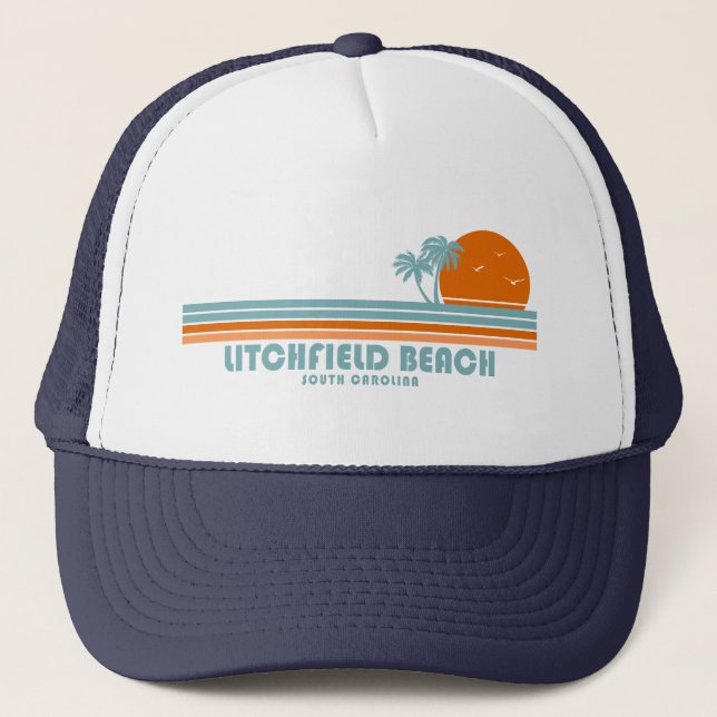 Litchfield Beach South Carolina Sun Palm Trees Trucker Hat (Front)