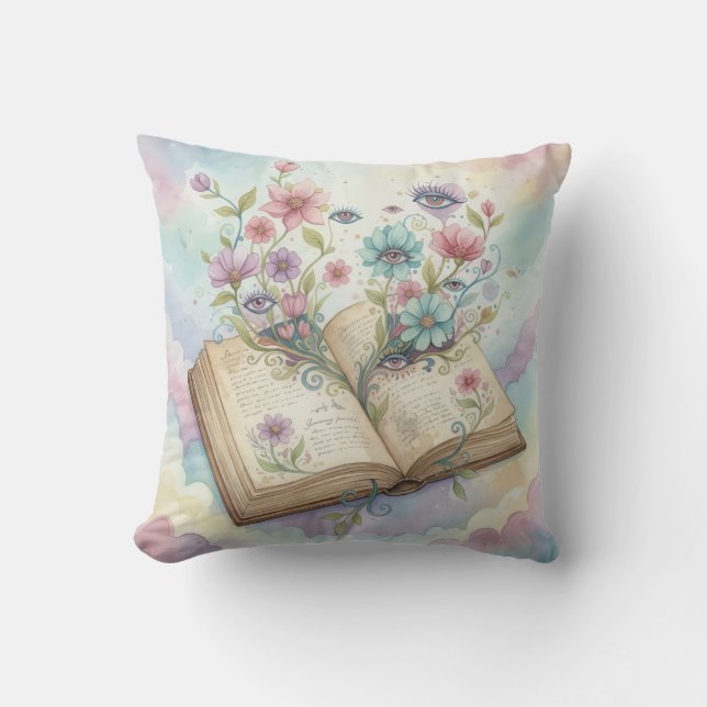 Literary Bloom: Open Book & Wildflower Psychedelic Throw Pillow (Front)
