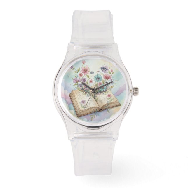 Literary Bloom: Open Book & Wildflower Psychedelic Watch (Front)