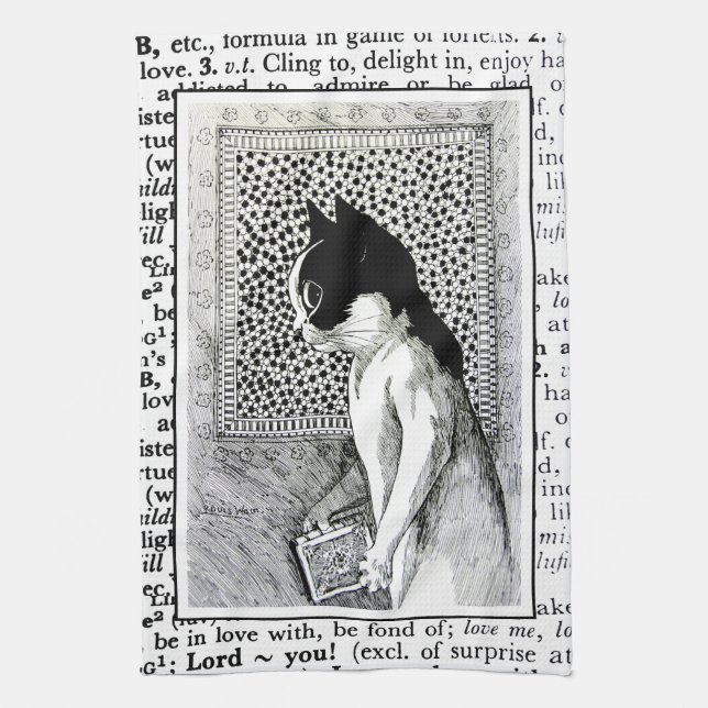Literary Cat Book Lover Tea Towel (Vertical)