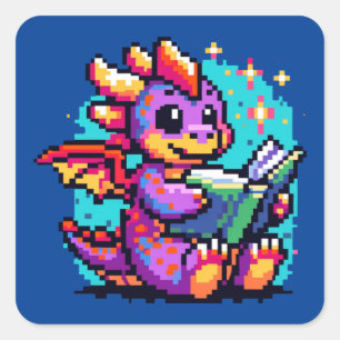 Literary Dragon: 8-Bit Bookworm Fantasy Square Sticker