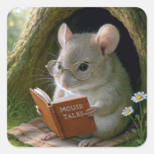 Literary Mouse In a Cozy Tree Hole Square Sticker