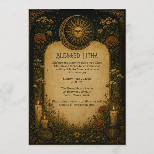Litha Celebration Pagan Botanical Invitation (Front)