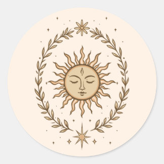 Litha Sun Face Botanical Wreath Celestial Art Classic Round Sticker