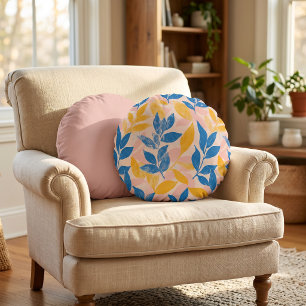 Lithograph Blue Yellow pink fun botanical leafy Round Pillow