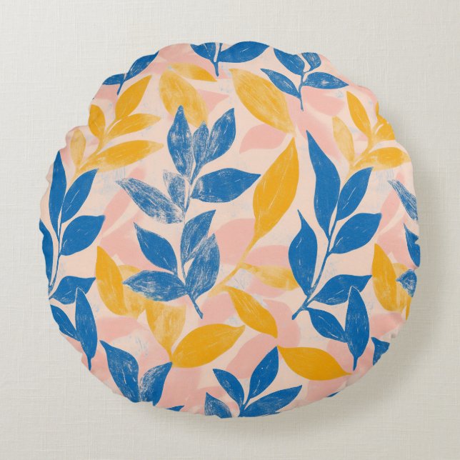 Lithograph Blue Yellow pink fun botanical leafy Round Pillow (Front)