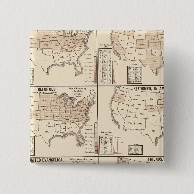 lithographed maps of denominational statistics 2 inch square button (Front)