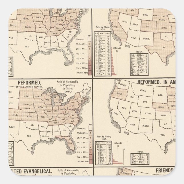 lithographed maps of denominational statistics square sticker (Front)