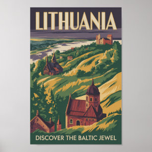 Lithuania Landscape Illustration Travel Art Retro Poster