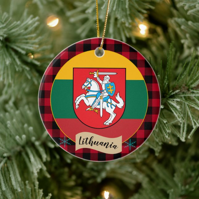 Lithuania, Red buffalo plaid & Lithuanian Flag Ceramic Ornament (Tree)