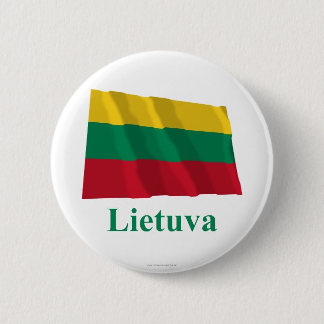 Lithuania Waving Flag with Name in Lithuanian 2 Inch Round Button (Front)