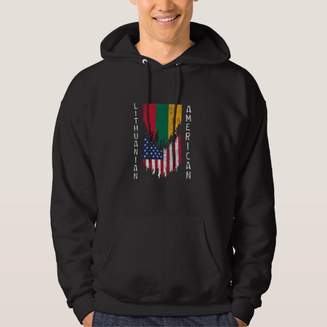 Lithuanian American Flags Ripped Torn Lithuania Hoodie (Front)