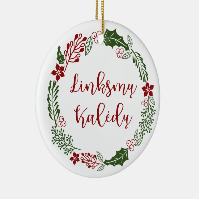 Lithuanian Merry Christmas Wreath Linksmų Kalėdų Ceramic Ornament (Right)