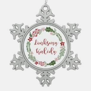 Lithuanian Merry Christmas Wreath Linksmų Kalėdų Snowflake Pewter Christmas Ornament