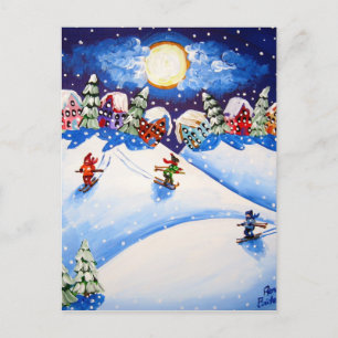 Litte Skiers Winter Folk Art Postcard