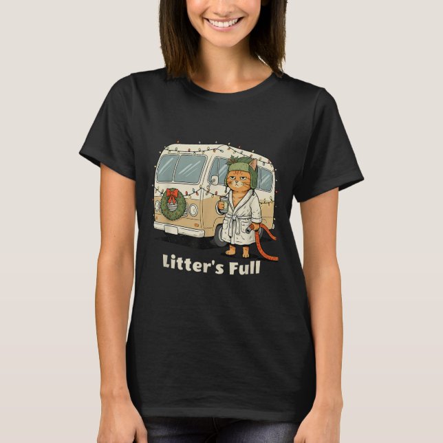 Litter's Full Christmas Cat, Funny Christmas Kitty T-Shirt (Front)
