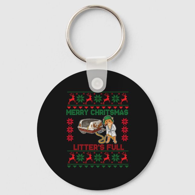 Litter's Full Merry Christmas Funny Cat Lover Ugly Keychain (Front)