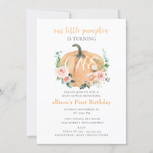  littl Fall Pumpkins Watercolor  Girl 1st Birthday Invitation