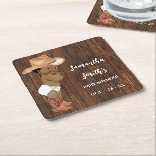 Little AA Cowboy Western Baby Shower Party Decor Square Paper Coaster