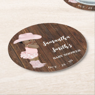 Little AA Cowgirl Western Baby Shower Round Pape Paper Coaster