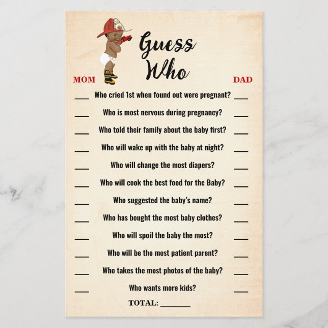 Little AA Fireman Guess Who Baby Shower Game Card (Front)